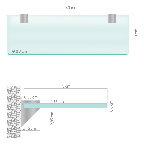 Półka szklana półprzezroczysta o wymiarach 40 × 13 cm