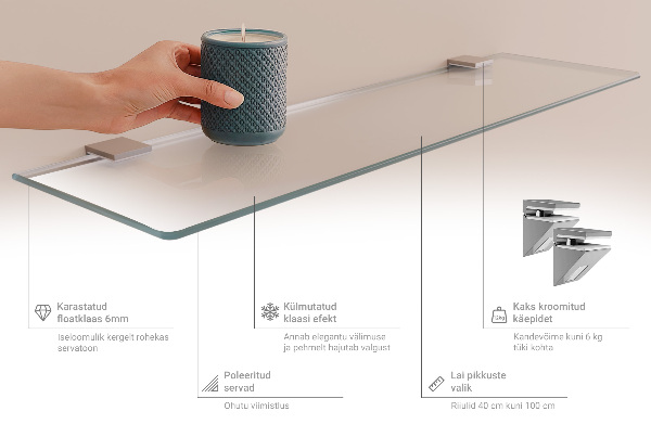 Półka szklana półprzezroczysta o wymiarach 60 x 13 cm