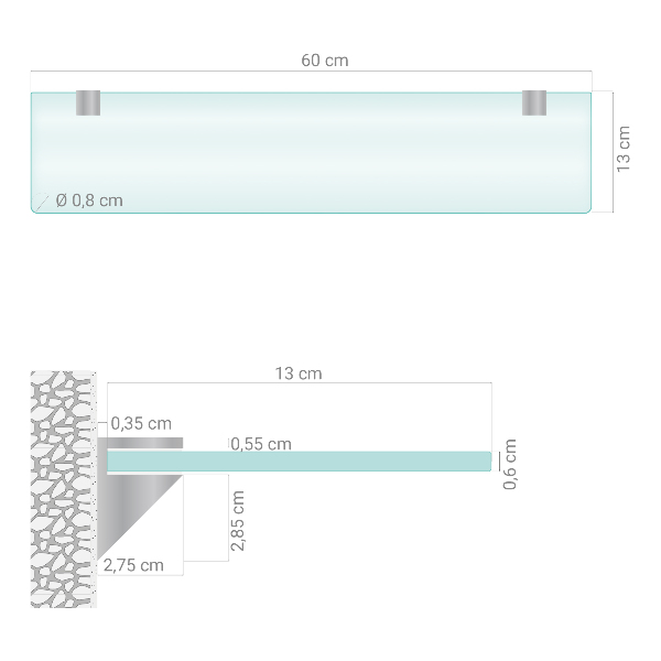 Półka szklana półprzezroczysta o wymiarach 60 x 13 cm