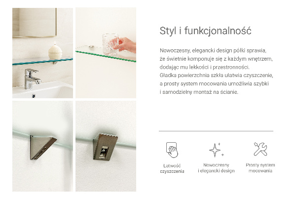 Półka szklana półprzezroczysta o wymiarach 60 x 13 cm