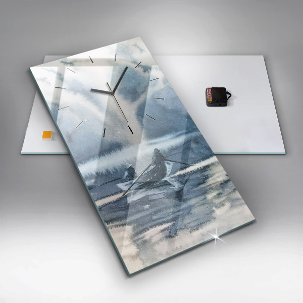 Zegar szklany pionowy Zimowe jezioro Łódka