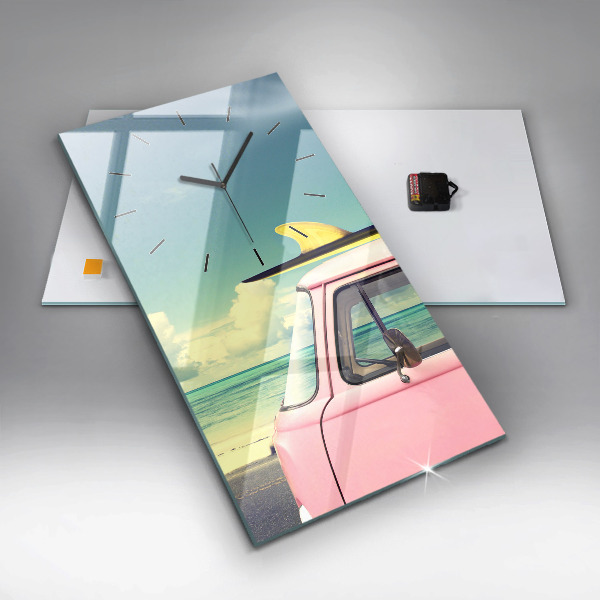 Zegar szklany pionowy Samochód z deską surfingową