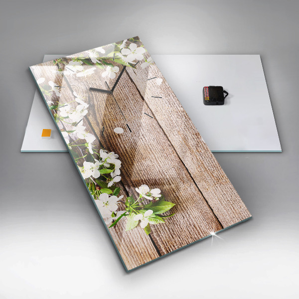 Zegar szklany pionowy Kwiaty na drewnie