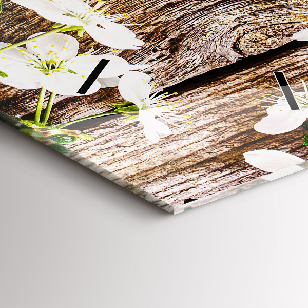 Zegar szklany pionowy Kwiaty na drewnie