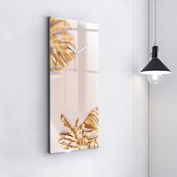 Zegar szklany pionowy Złote liście tropikalne