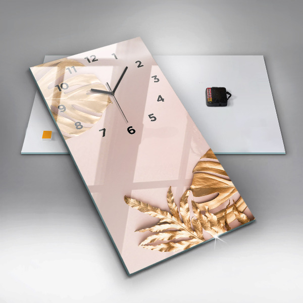 Zegar szklany pionowy Złote liście tropikalne