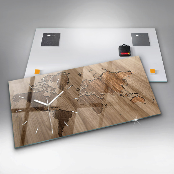 Zegar szklany poziomy Mapa świata na drewnie