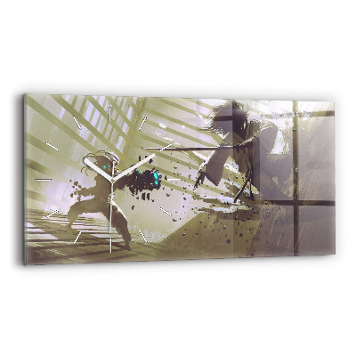 Zegar szklany poziomy Walka robota i samuraja