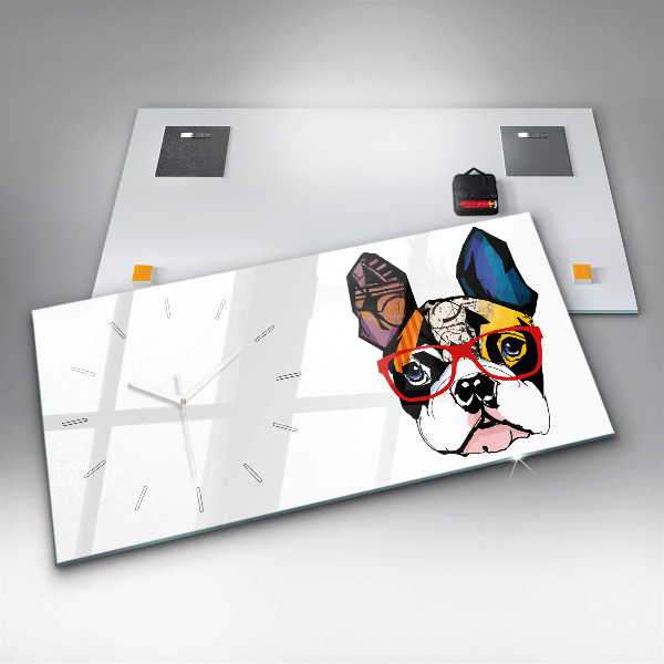 Zegar szklany poziomy Buldog francuski w okularach