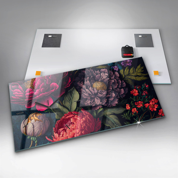 Zegar szklany poziomy Vintage bukiet kwiatów