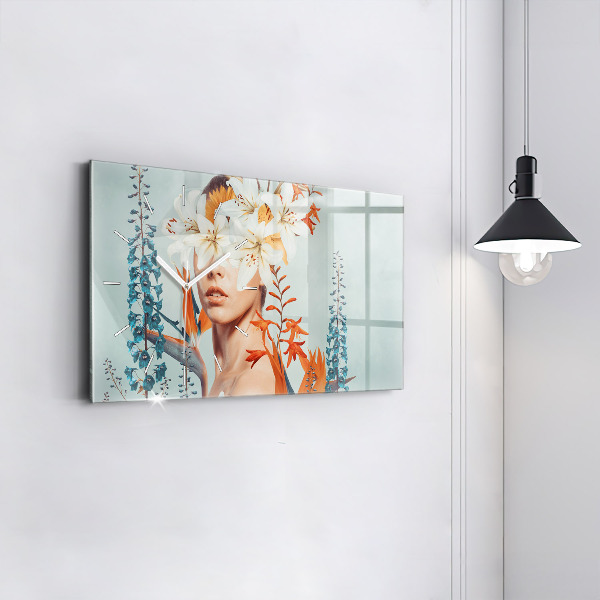Zegar szklany poziomy Kobieta z kwiatami