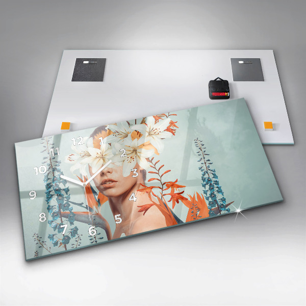Zegar szklany poziomy Kobieta z kwiatami