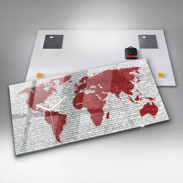 Zegar szklany poziomy Ściana z cegieł Mapa Świata