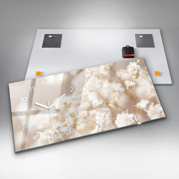 Zegar szklany poziomy Małe białe kwiaty