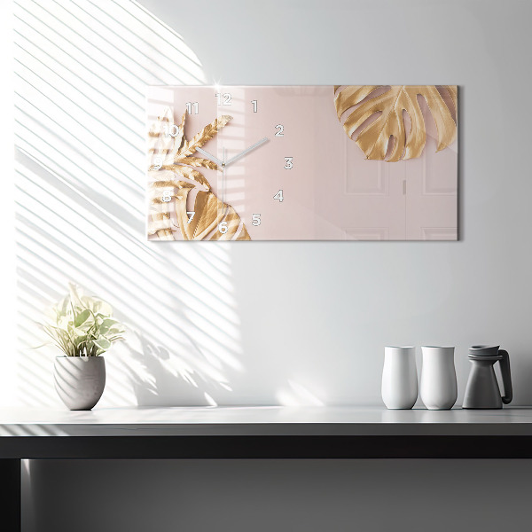 Zegar szklany poziomy Złote liście tropikalne