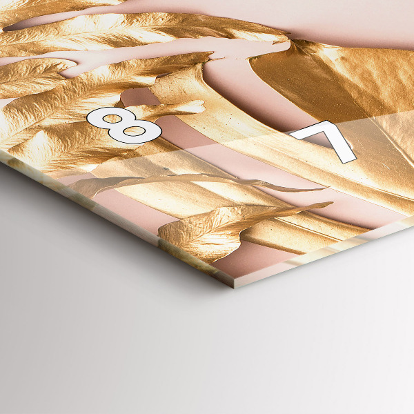 Zegar szklany poziomy Złote liście tropikalne