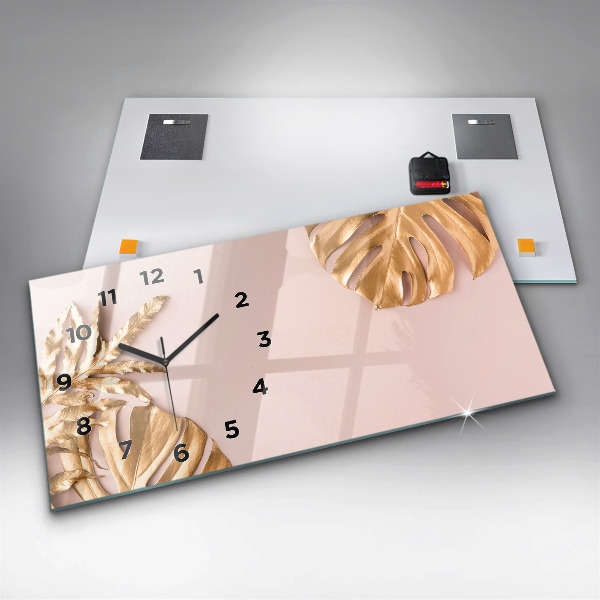 Zegar szklany poziomy Złote liście tropikalne