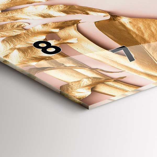 Zegar szklany poziomy Złote liście tropikalne