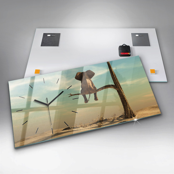 Zegar szklany poziomy Słoń na drzewie