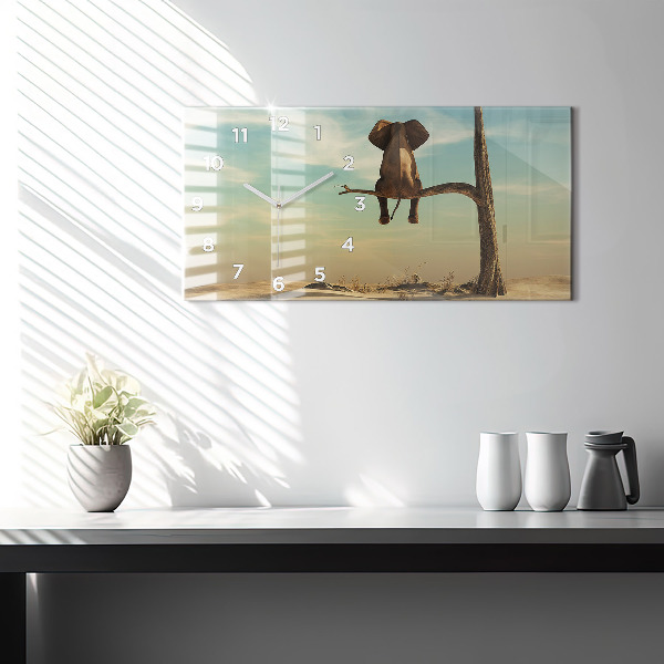 Zegar szklany poziomy Słoń na drzewie