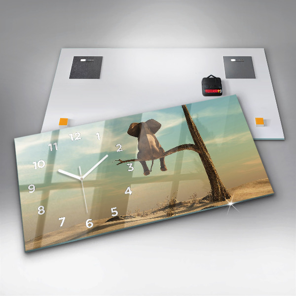 Zegar szklany poziomy Słoń na drzewie