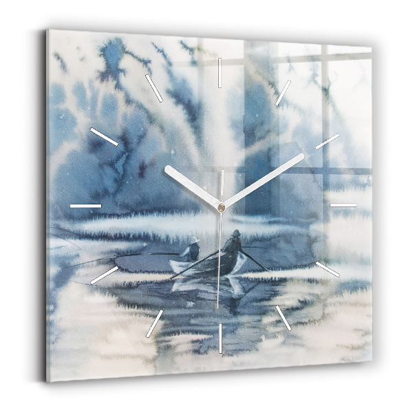 Kwadratowy zegar Zimowe jezioro Łódka
