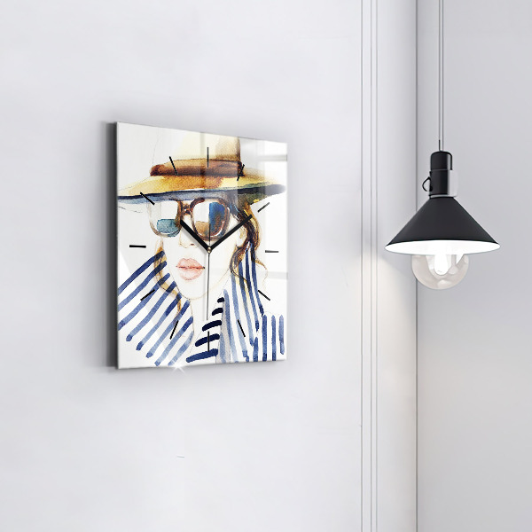 Kwadratowy zegar Twarz w okularach i kapeluszu