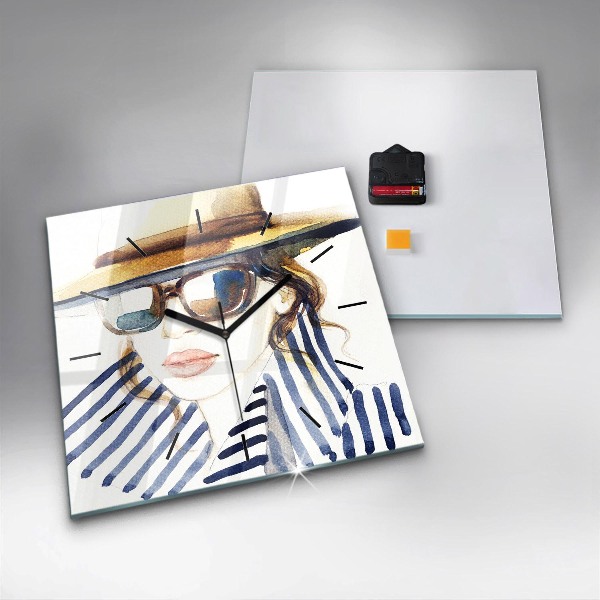 Kwadratowy zegar Twarz w okularach i kapeluszu