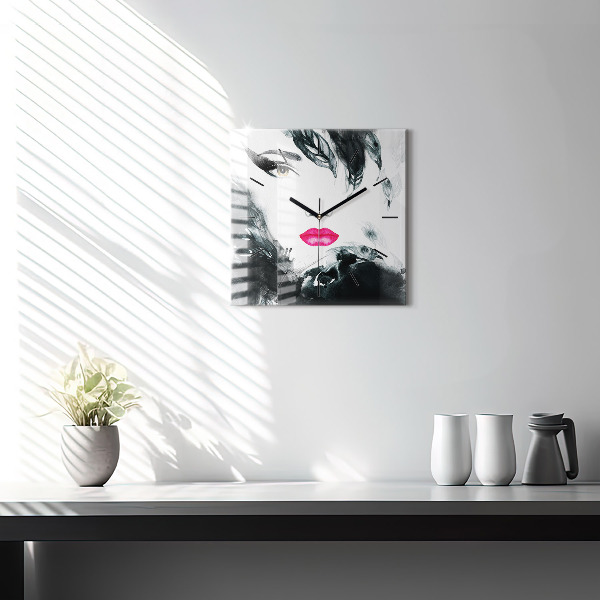 Kwadratowy zegar Portret kobiety czerwone usta