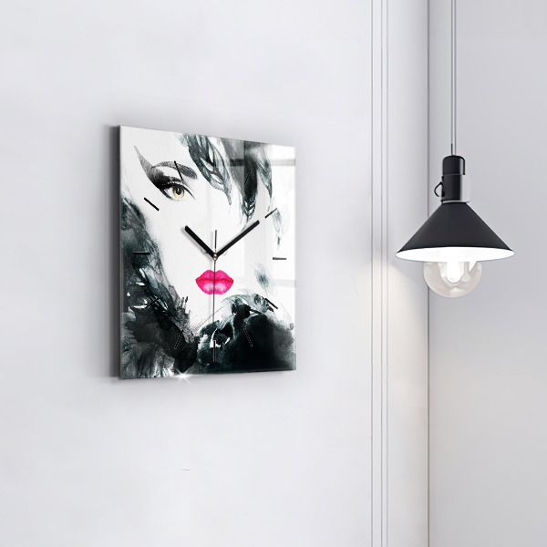 Kwadratowy zegar Portret kobiety czerwone usta