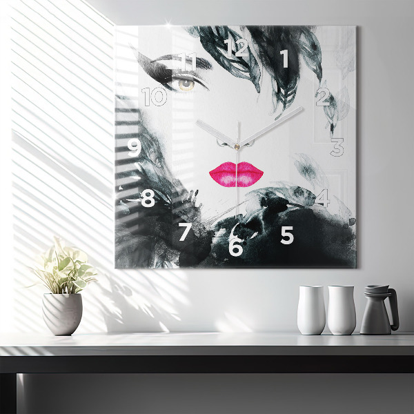 Kwadratowy zegar Portret kobiety czerwone usta