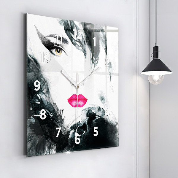 Kwadratowy zegar Portret kobiety czerwone usta