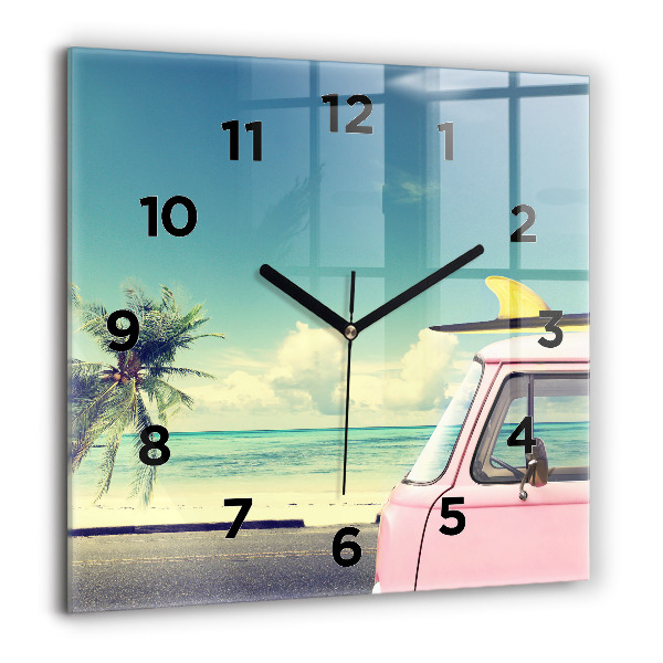 Zegar na ścianę kwadratowy Samochód z deską surfingową