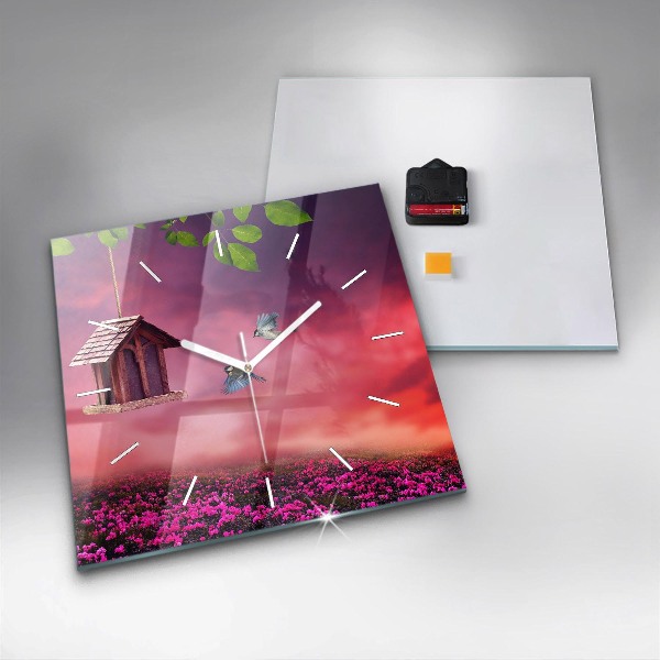 Zegar na ścianę kwadratowy Domek dla ptaków