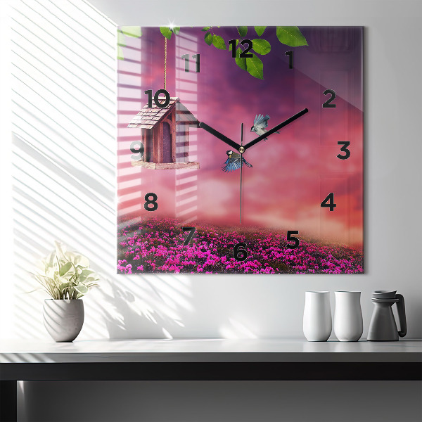 Zegar na ścianę kwadratowy Domek dla ptaków