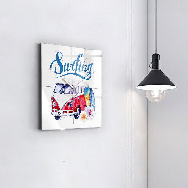 Zegar na ścianę kwadratowy Samochód i napis Surfing
