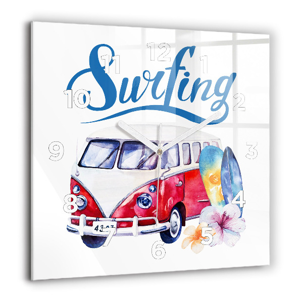Zegar na ścianę kwadratowy Samochód i napis Surfing
