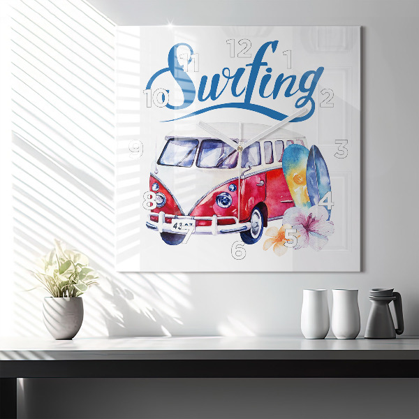 Zegar na ścianę kwadratowy Samochód i napis Surfing