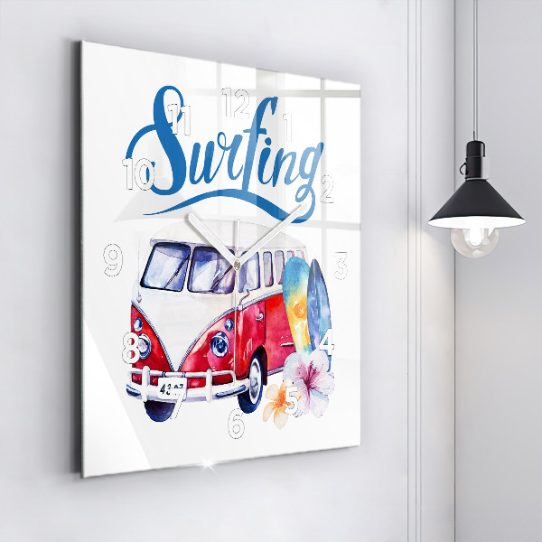 Zegar na ścianę kwadratowy Samochód i napis Surfing
