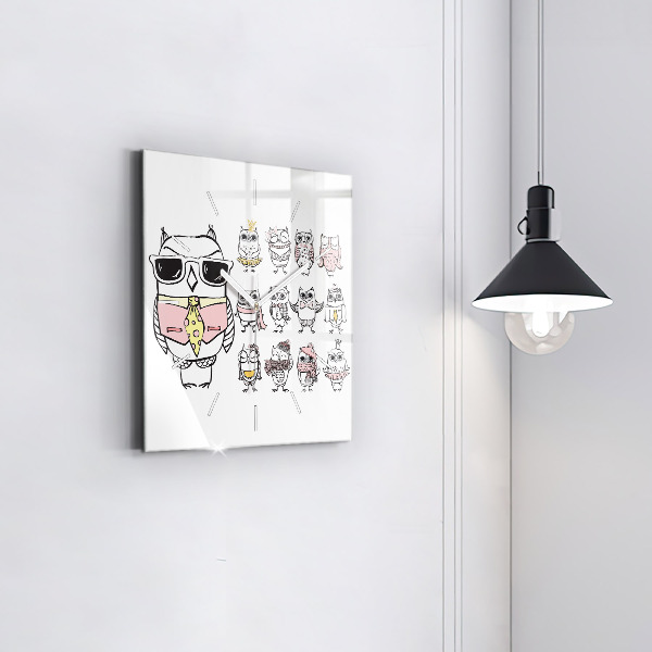 Zegar na ścianę kwadratowy Plakat vintage z sowami
