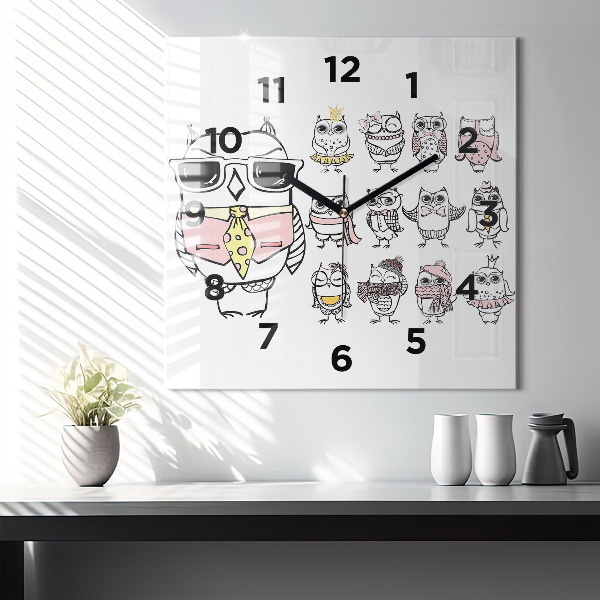 Zegar na ścianę kwadratowy Plakat vintage z sowami