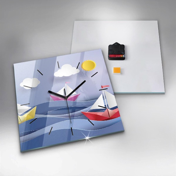 Zegar na ścianę kwadratowy Origami kolorowe żaglówki