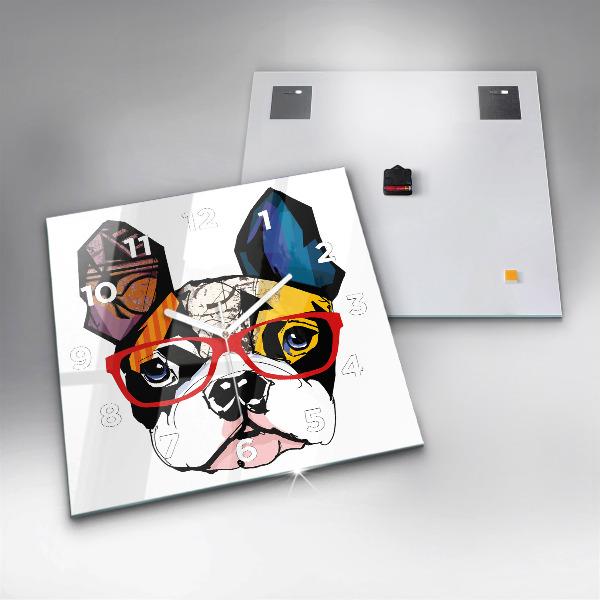Zegar na ścianę kwadratowy Buldog francuski w okularach