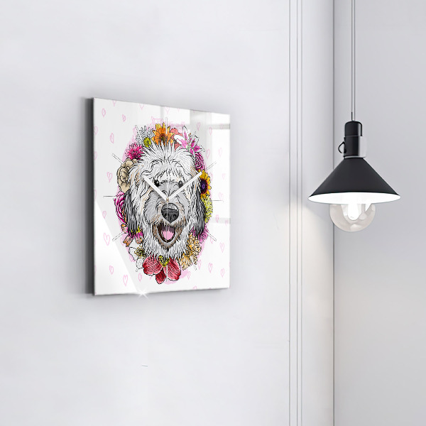 Zegar ścienny kwadratowy Szczęśliwy piesek w kwiatach