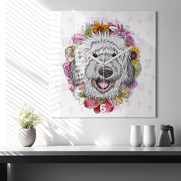 Zegar ścienny kwadratowy Szczęśliwy piesek w kwiatach