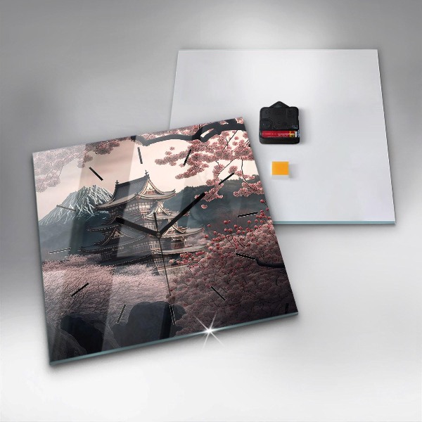 Zegar ścienny kwadratowy Wieża i kwiaty w Azji