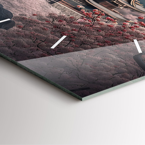 Zegar ścienny kwadratowy Wieża i kwiaty w Azji