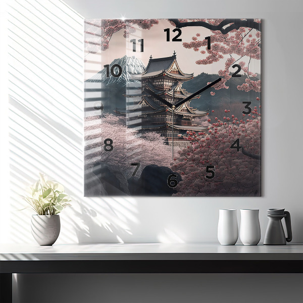 Zegar ścienny kwadratowy Wieża i kwiaty w Azji