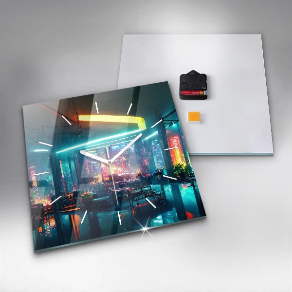 Zegar na ścianę kwadratowy Miasto w stylu cyberpunk