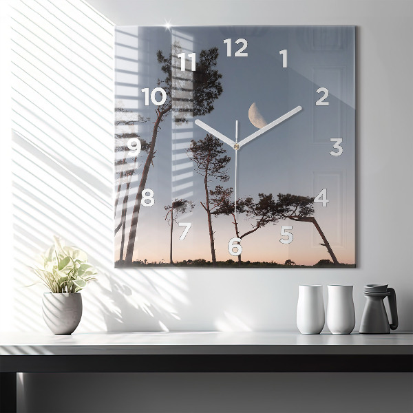 Zegar ścienny kwadratowy Półksiężyc i drzewa